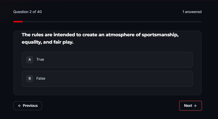 Live TO quiz on a federation site — true/false question on rules and sportsmanship, 1 of 40 answered.
